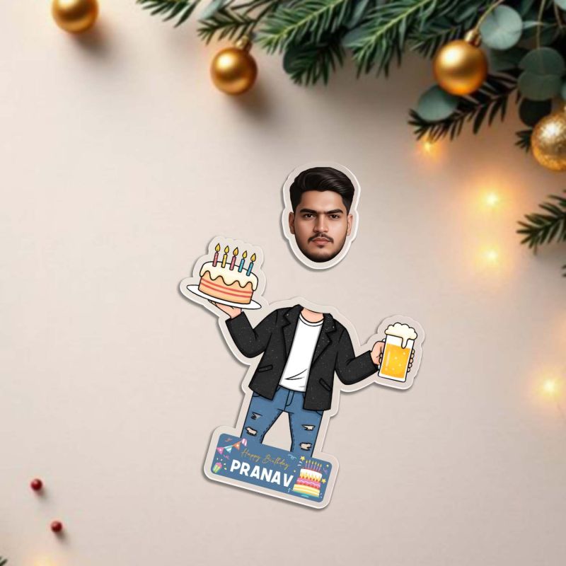 Personalized Birthday Boy Caricature with Shaking Head Feature, Customized Funny Face Photo Cutout with Cake and Beer Design, Birthday Gift for Brother, Friends, Husband Solar Powered